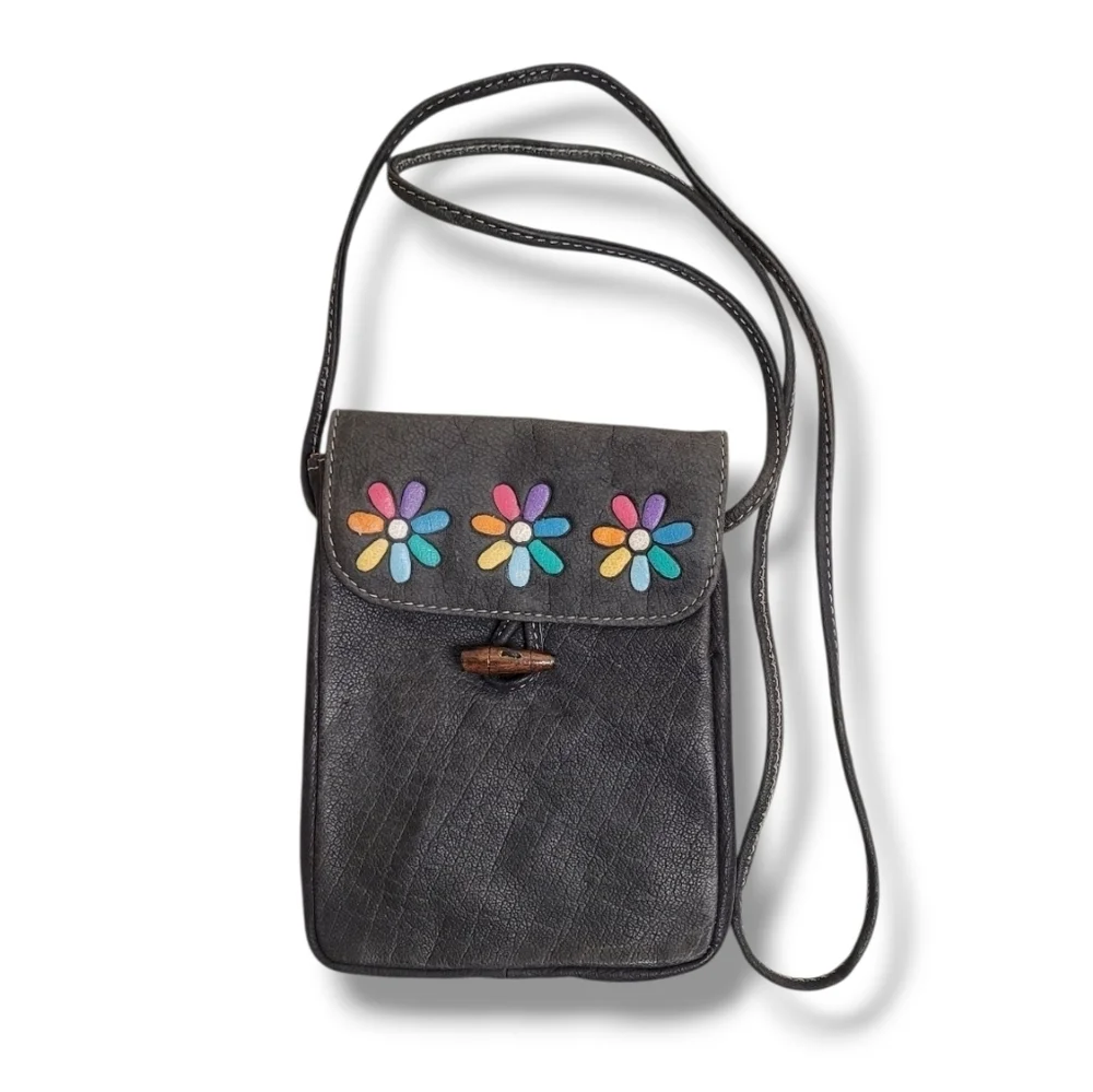 Vintage Hand-Painted Floral Leather Crossbody Bag